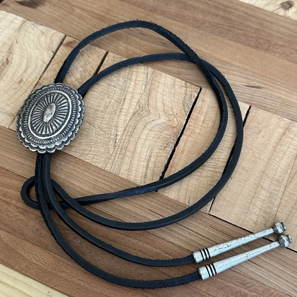 Vintage Western Bolo Tie 40 Inch Silver Plated Brass Concho Black Leather Cord